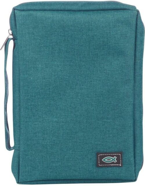 6006937139572 Teal Canvas Bible Cover for Men and Women with Jesus Fish Symbol Applique